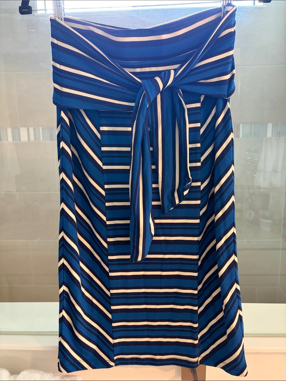 Anthropologie Blue and White Striped Midi Skirt with Tie Waist